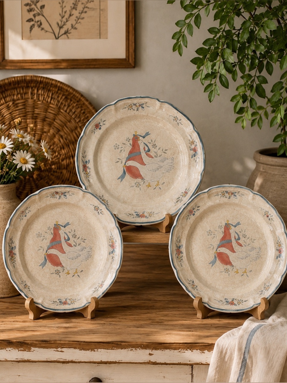 VTG Set of 3 Marmalade International Salad Plates Geese Red Fruit Blue Ribbon